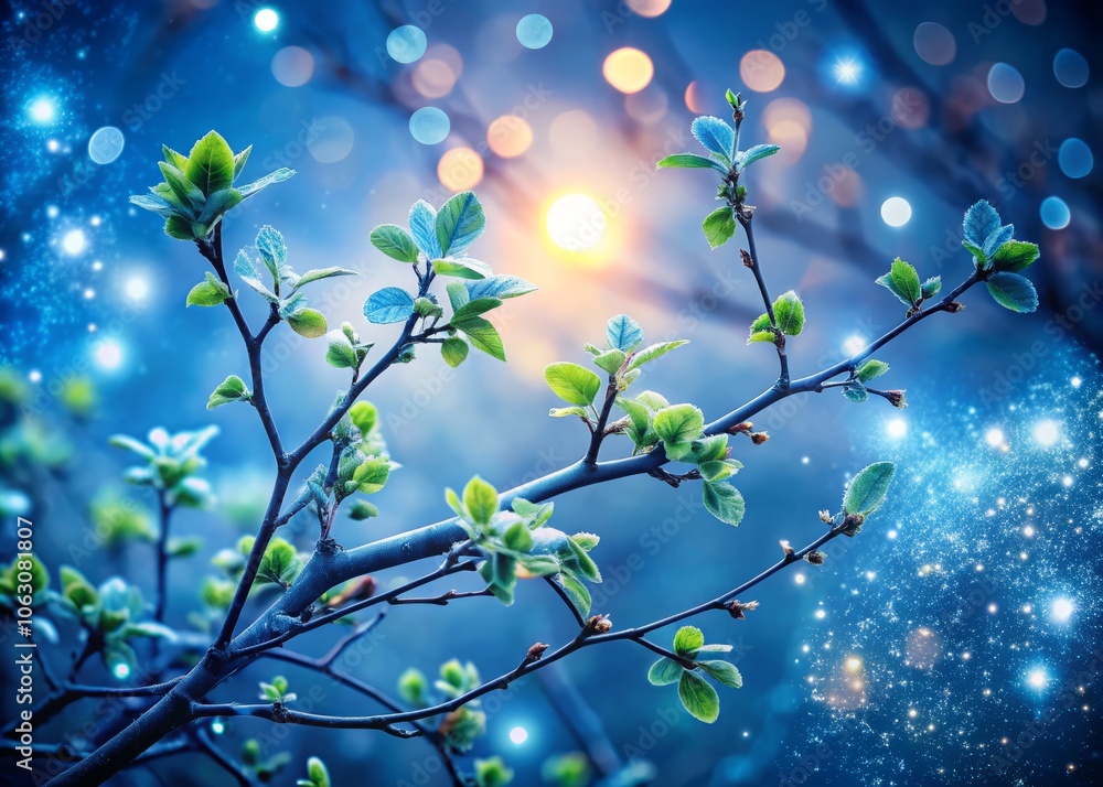Poster enchanted night: spring branches with frosted leaves and bokeh effect creating a dreamy atmosphere i