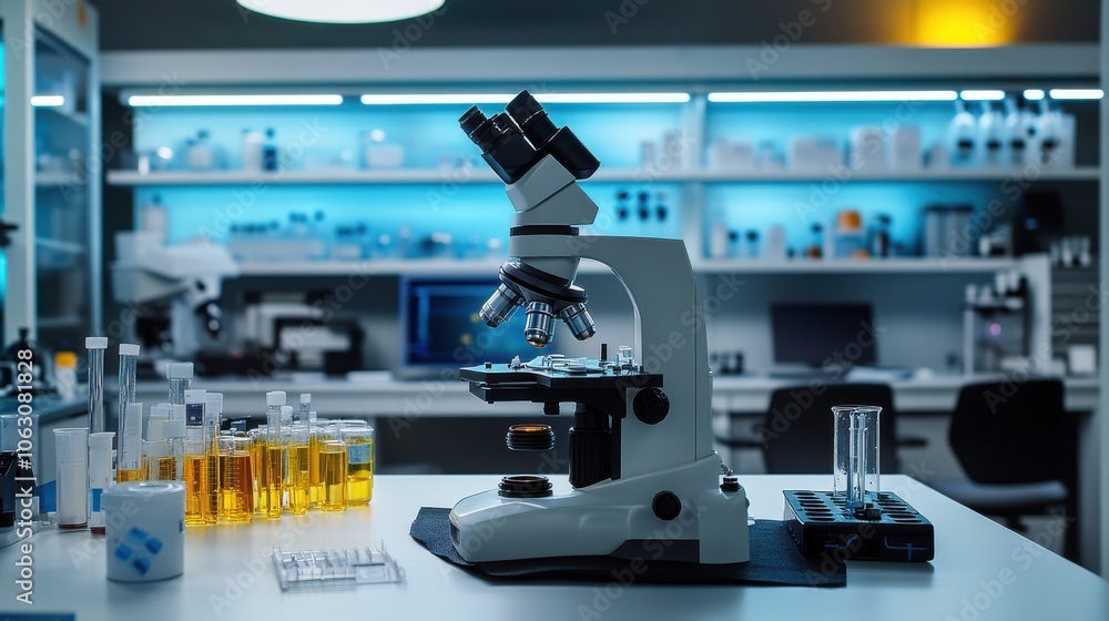 Poster a laboratory setup with a powerful microscope and various research