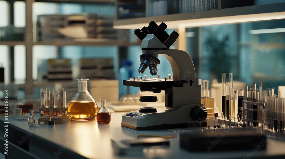 Poster a laboratory setup with a powerful microscope and various research