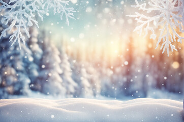 background - winter with snowflakes in the foreground and soft focus trees at the back