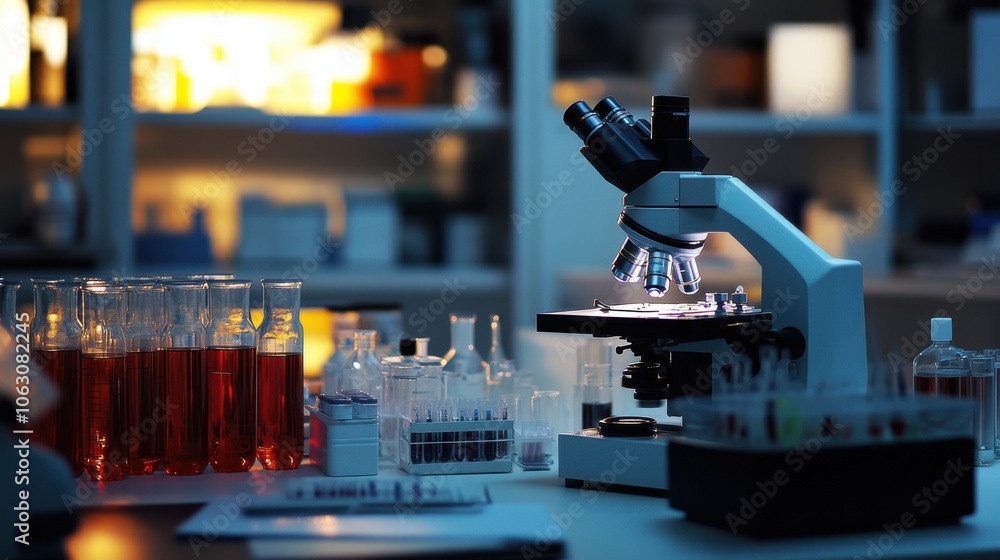 Poster a laboratory setup with a powerful microscope and various research