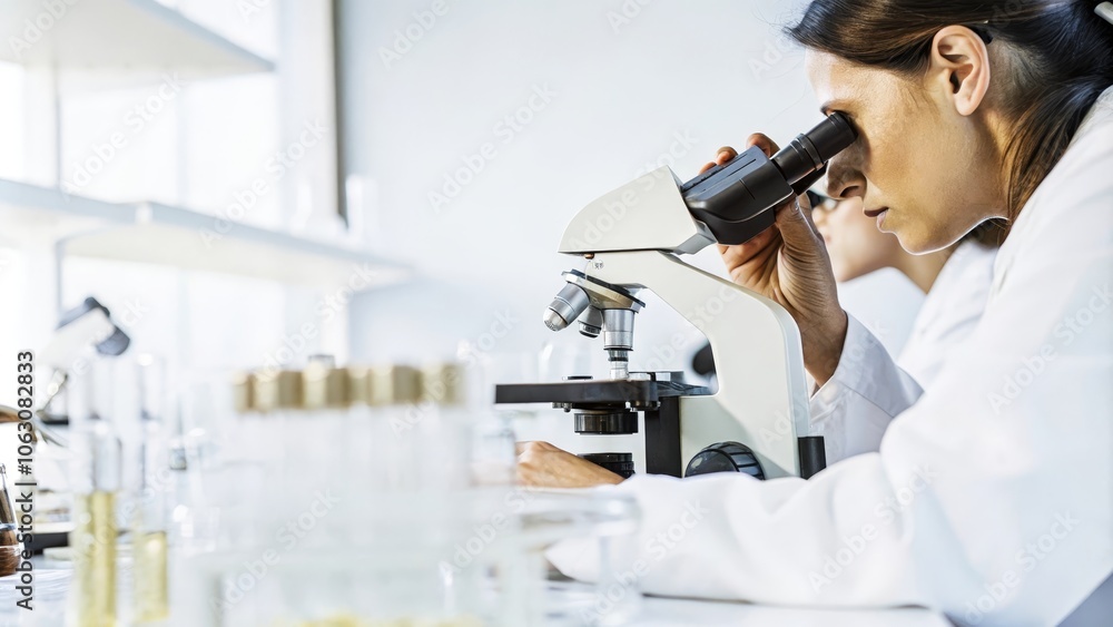 Poster scientist focuses on cutting-edge research using a microscope in a modern laboratory