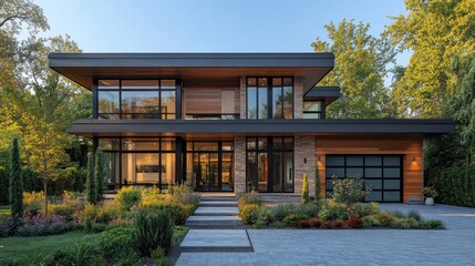 Modern house with large windows and landscaped garden.