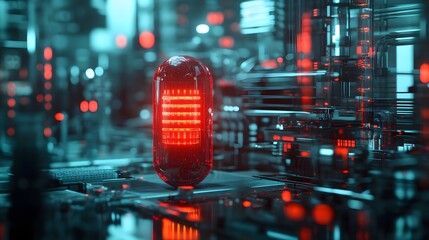 Glowing Red Capsule on a Futuristic Tech Background