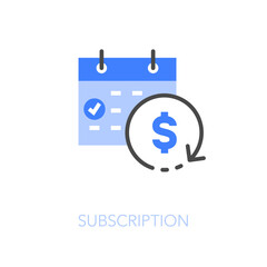 Simple visualised subscription icon symbol with a calendar and a processing arrow with a dollar symbol.