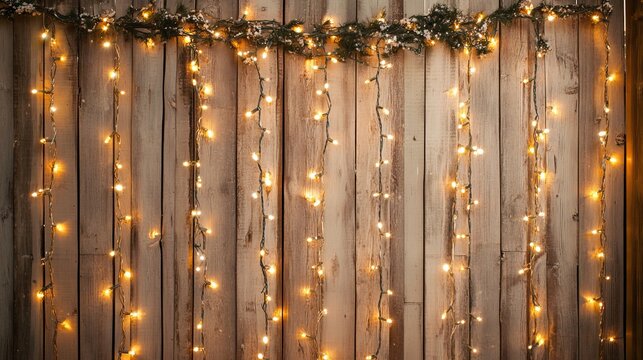 Christmas lights against a wooden backdrop. Ample space for personalized messages.