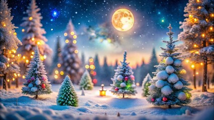 Obraz premium Enchanting Tilt-Shift Photography of a Snowy Forest on Christmas Night with Twinkling Lights and a Magical Winter Atmosphere