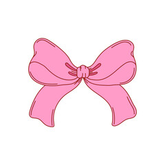 Coquette pink bow knot, gift ribbon. Trendy hair braiding accessory. Bow knots for gift wrapping, party decoration, present. Vector illustration on white background.