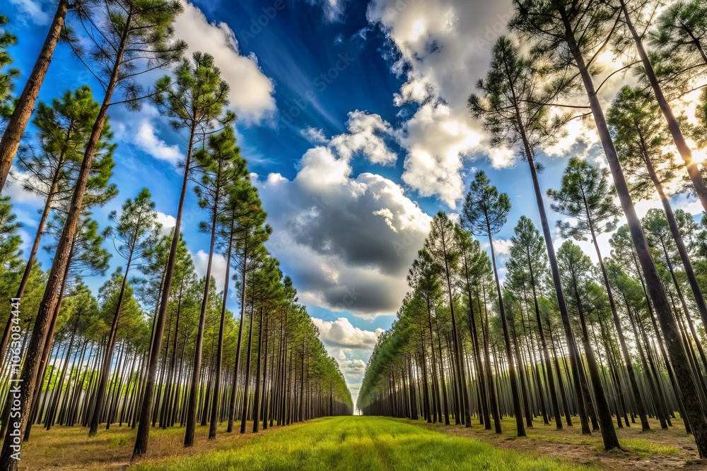 Aufkleber expansive silhouette of pine plantation in central florida featuring rows of timber trees with a foc