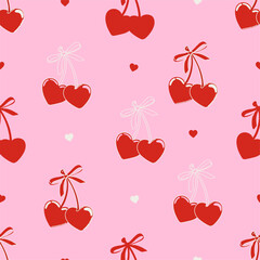 Seamless abstract pattern with cherries and coquette bows on pink background. Heart-shaped cherries with various ribbons. Editable vector illustration for wrapping paper, packaging, fabric etc.