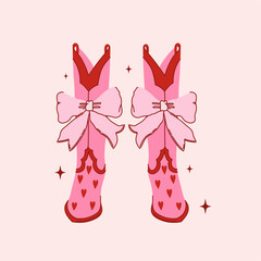 Retro Cowgirl boots with cute romantic bow. Cowboy western and wild west theme. Valentine Day. Vector isolated design for postcard, t-shirt, sticker etc.