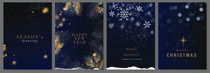 Christmas Luxury Happy Holidays invitation card design vector. Elegant Happy New Year card with leaves branch, gold foil texture on navy blue background. Design for Season's Greeting. © babeer