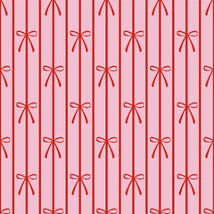Seamless pattern with red bow knot on striped pink background. Trendy hair braiding accessory. Editable vector illustration for wrapping paper, packaging, fabric, room decor, phone case etc.
