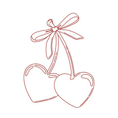 Coquette heart-shaped cherries with bow. Black and white contour line cherry icon. Page color kids. Vector illustration.