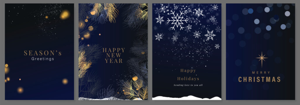 Christmas Luxury Happy Holidays invitation card design vector. Elegant Happy New Year card with leaves branch, gold foil texture on navy blue background. Design for Season's Greeting.