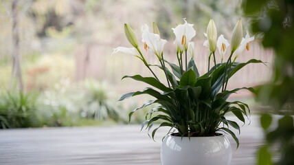 Fototapeta premium Lily in pot , Elegant Peace Lily in Pot green leaf natural