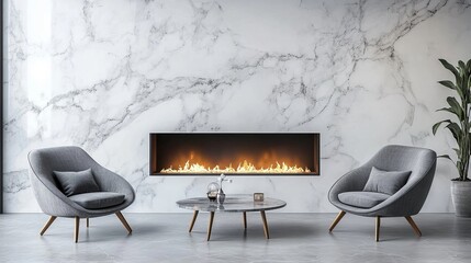 Comfy living room with a fireplace that looks like a real fire. Soft furniture in front of a stylish white marble wall. Gray chairs with cushions make the hotel suite feel cozy and inviting.