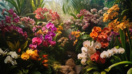 Fototapeta premium A lush garden scene featuring a variety of blooming orchids