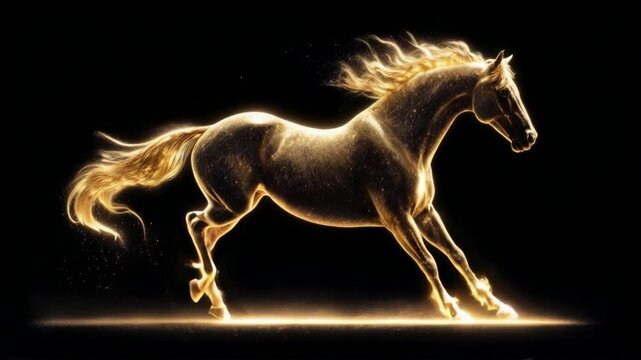 Glowing galloping horse made of golden sparks on a black background