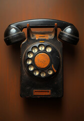 Vintage rotary telephone on a wooden surface. A classic rotary telephone sits on a rich wooden table, showcasing its unique design and aged features.