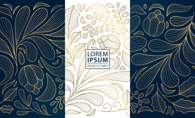 Vector set of art deco gold swirl Christmas cards, holiday elegant winter royal motif. Vintage premium branches, floral decoration illustration