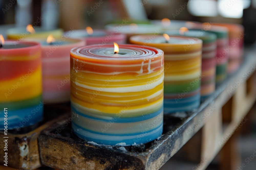 Poster a series of vibrant, multicolored candles glow warmly, showcasing an inviting ambiance, perfect for 
