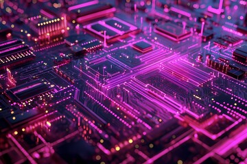 Fototapeta premium A high-tech neon circuit board with glowing pink and purple lights, showcasing advanced electronic components and microchips in an abstract futuristic design.