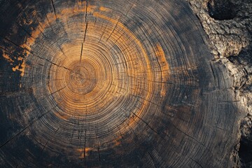 A weathered tree stump showcases rich, earthy textures with detailed rings, reflecting the passage of time and symbolizing strength and the endurance of nature.