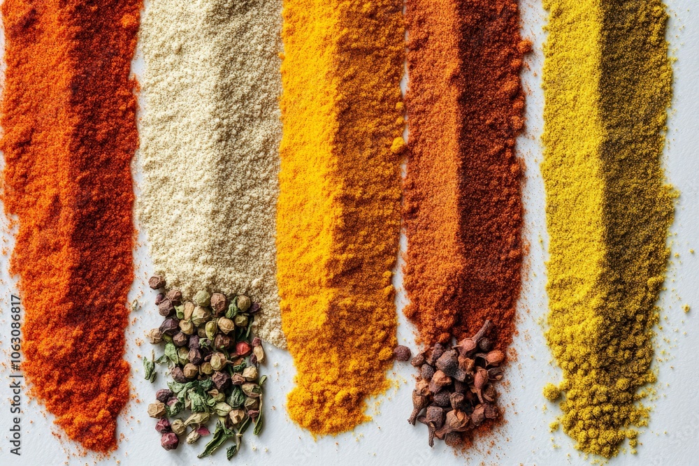 Poster Vibrant assorted spices arranged in colorful vertical lines on a white surface, showcasing the range and beauty of culinary ingredients in a visually appealing way.