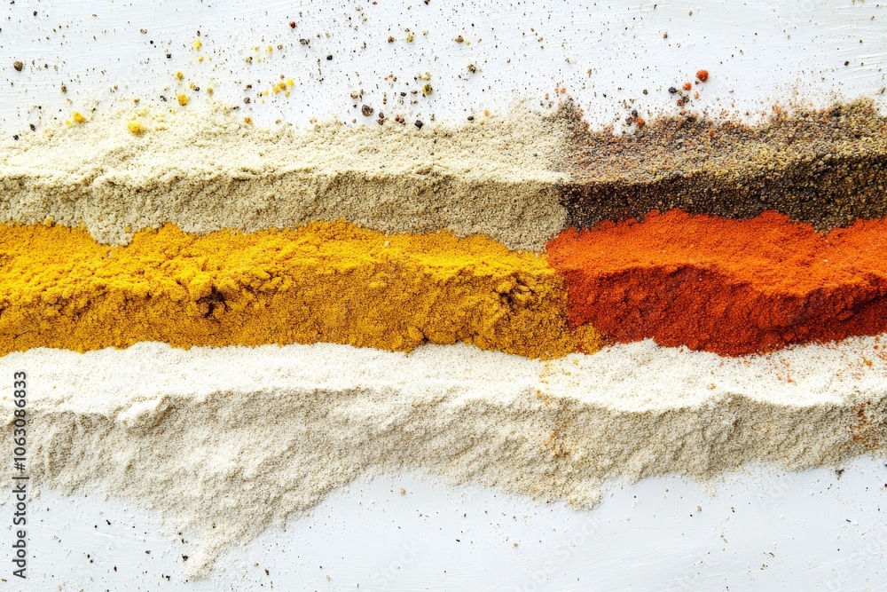 Poster A vibrant display of an array of spices, lined up in parallel horizontal lines, showcasing diverse textures and colors, perfect for culinary and artistic inspiration.