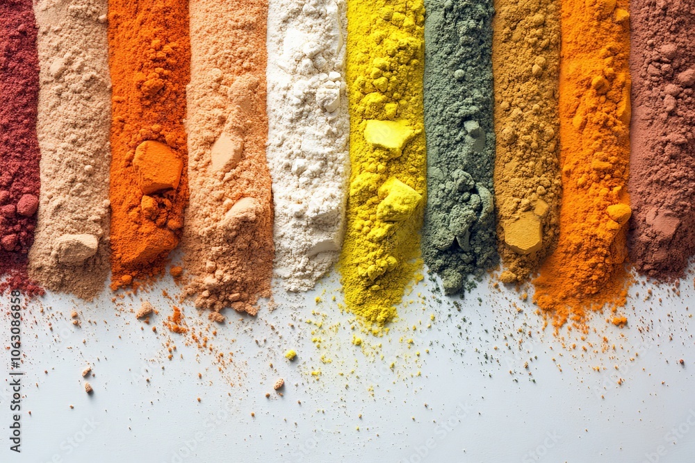 Poster stripes of colorful powders are artfully displayed side by side, featuring various forms and texture