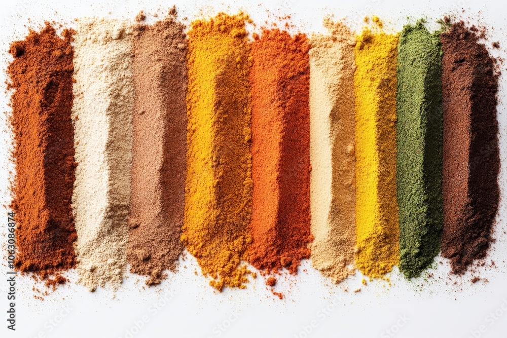 Poster a blend of diverse spices forms bold horizontal patterns on a surface, highlighting the interplay be