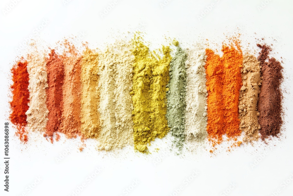 Poster a visually appealing composition of colorful powder piles arranged horizontally on a smooth white su