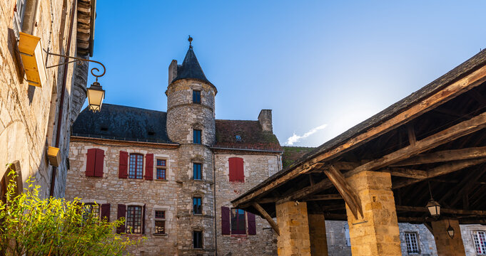The Place de la Halle and the Fabri hotel, in Martel, in the Lot, in Occitanie, France