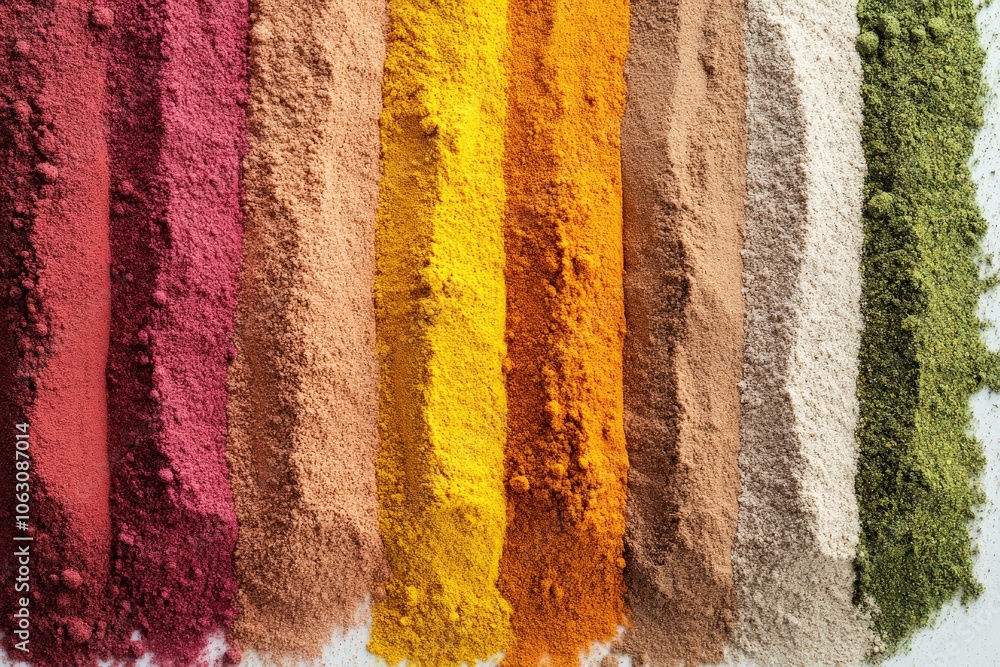 Aufkleber A vibrant display of assorted colorful spice powders in neat vertical lines, showcasing a variety of textures and hues against a white background.