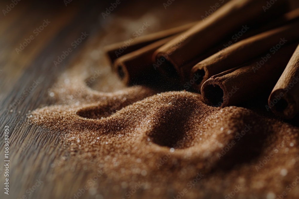Poster A close-up shot of several cinnamon sticks lying on a large pile of cinnamon powder, showcasing the rich brown color and texture of the spice in detail.