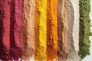 A vibrant display of assorted colorful spice powders in neat vertical lines, showcasing a variety...