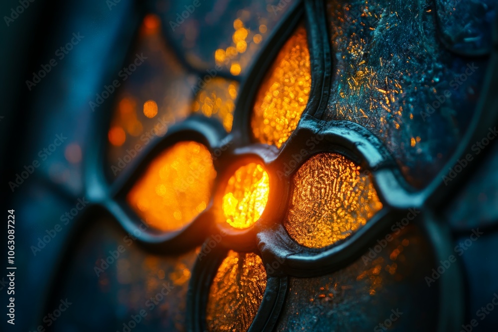 Aufkleber a close-up of brightly colored stained glass with intricate patterns illuminated by a warm orange li