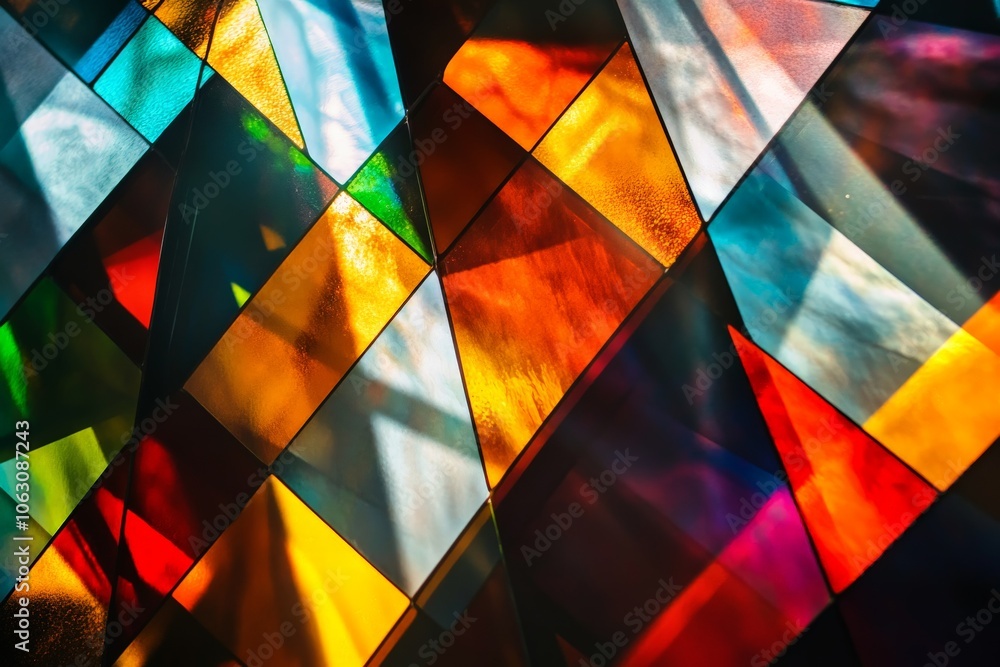 Aufkleber Colorful stained glass showcases geometric abstract patterns, with light piercing through to create a dynamic display of color and artistic expression.