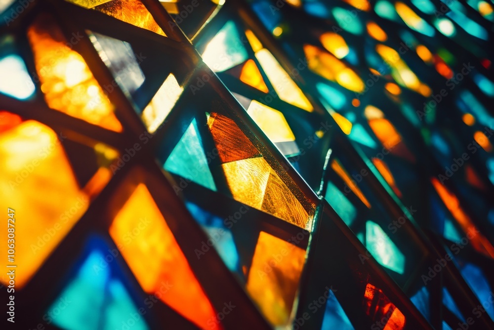 Leinwandbilder This image features a colorful stained glass window with intricate abstract geometric patterns, dazzling with light reflections and bright hues.