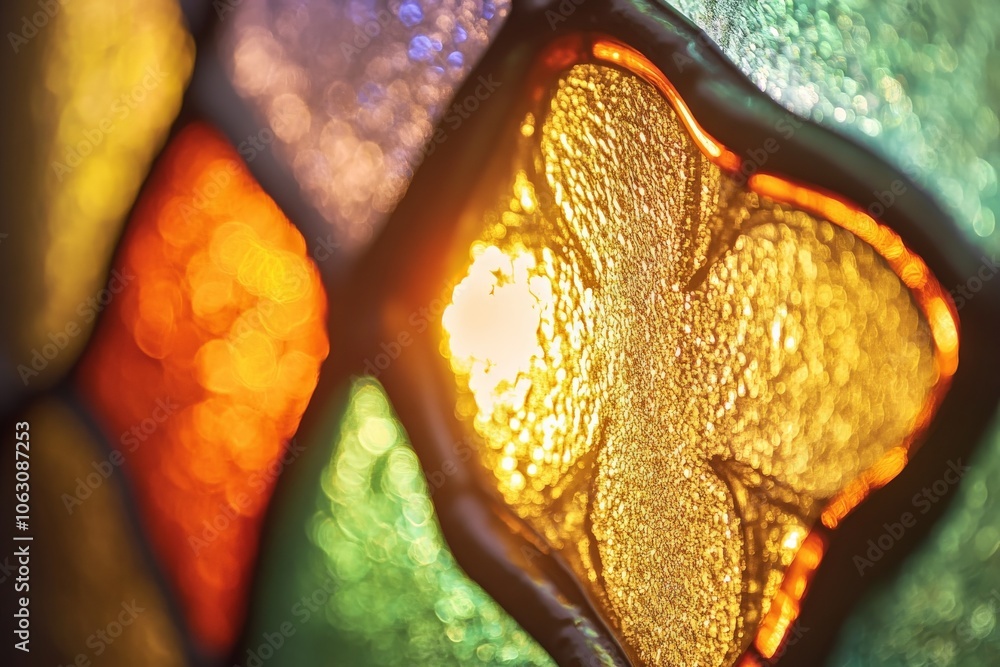 Leinwandbilder a detailed stained glass window features multi-colored patterns, bathing in warm light, displaying a