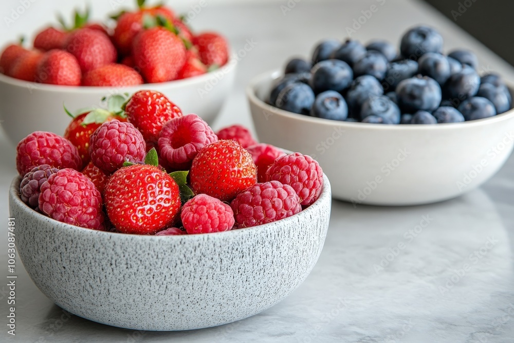 Aufkleber A close-up view showcases a bowl filled with fresh red raspberries, alongside strawberries and blueberries in the background, displaying vibrant colors and textures.