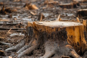 Fototapeta premium A large tree stump in a barren deforested landscape, symbolizing environmental degradation and the impact of human activity on natural world and ecosystems.