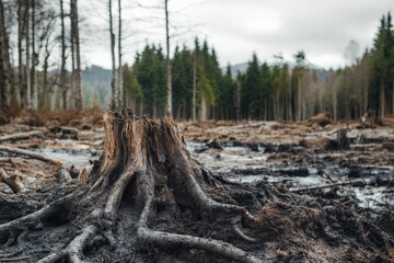A forest clearing with numerous tree stumps creating a barren landscape, symbolizing the environmental impact of deforestation and loss of biodiversity in natural habitats.