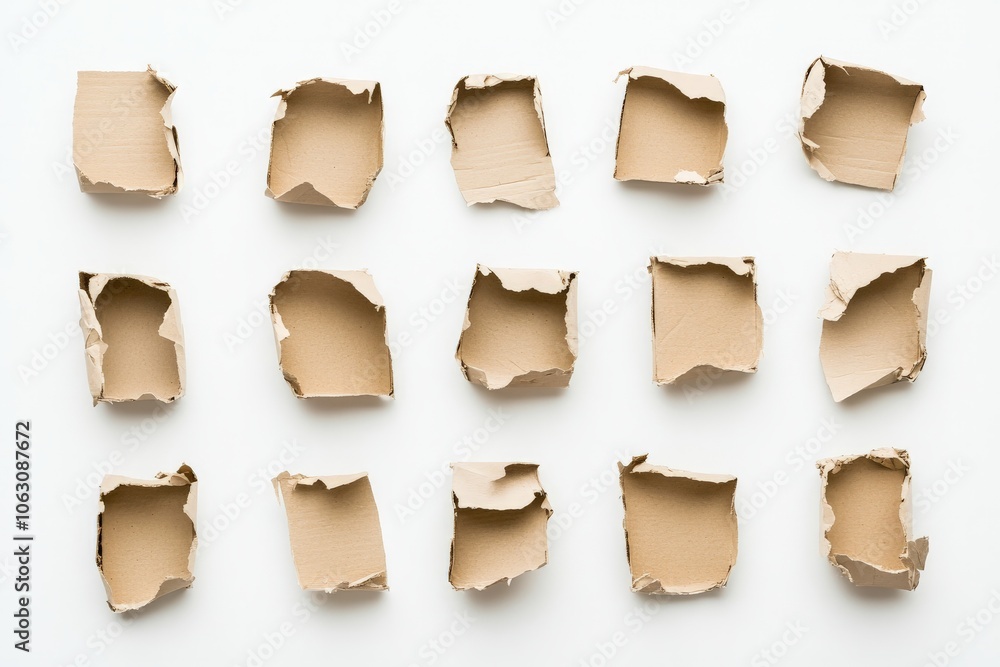 Aufkleber abstract torn paper fragments scattered against a clean, neutral canvas, combining elements of textu