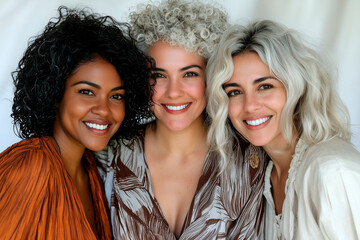 3 happy naturally beautiful women of different races, one african american, one hispanic and one caucasian, dressed in brown and white tones