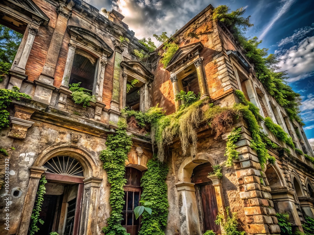 Poster hauntingly beautiful crumbling building surrounded by overgrown vegetation in macro detail, showcasi