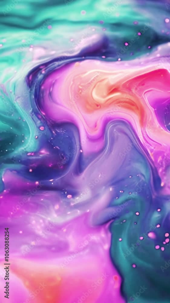 Poster abstract vertical undulating fluid animation shimmering with rich shades of green, purple and pink. 