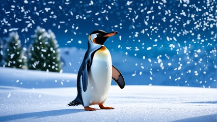 Fototapeta premium Majestic penguin stands in snowfall amid winter wonderland