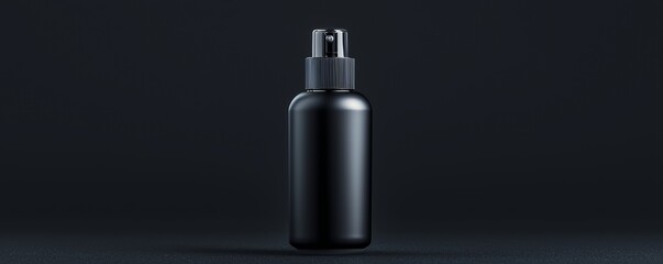 Black spray bottle with mist nozzle on black background.